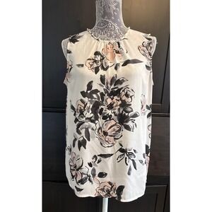 Elegant Floral Print Sleeveless Blouse Faux Pearl Embellished‎ Neckline Size M